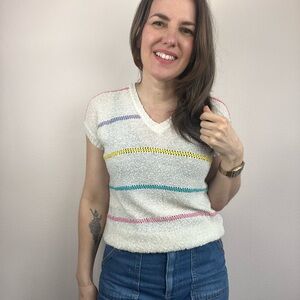 Vintage White Knit Top with Rainbow Stripe Accents